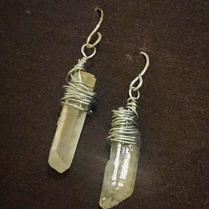 Wire wrapped quartz crystal earrings.